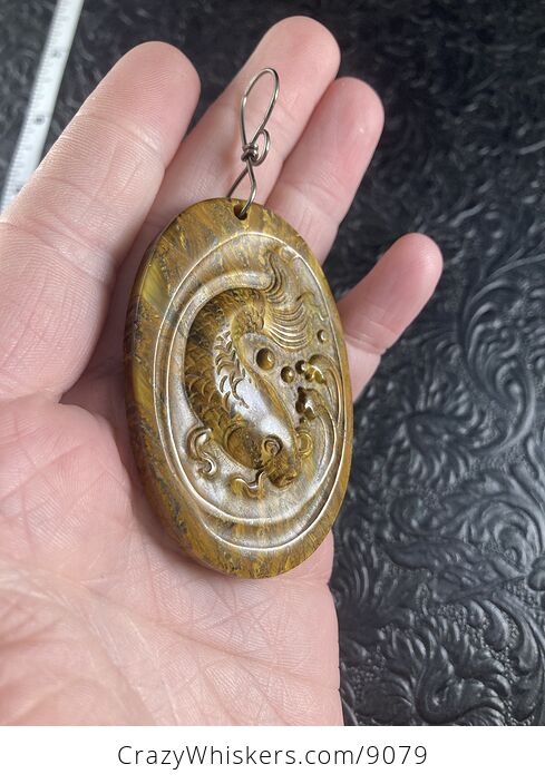 Swimming Koi Fish Carved in Tigers Eye Stone Pendant Mini Art Ornament - #wXjMTPlJ564-5
