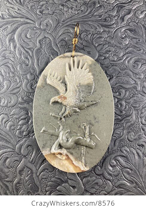 Swooping Eagle and Snake Carved in Jasper Stone Pendant Jewelry Mini Art Ornament - #MrbhhpmaSCE-2