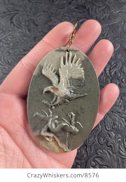 Swooping Eagle and Snake Carved in Jasper Stone Pendant Jewelry Mini Art Ornament - #MrbhhpmaSCE-1