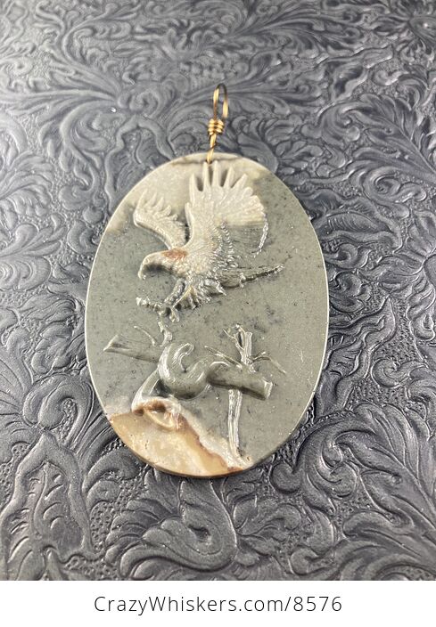 Swooping Eagle and Snake Carved in Jasper Stone Pendant Jewelry Mini Art Ornament - #MrbhhpmaSCE-3