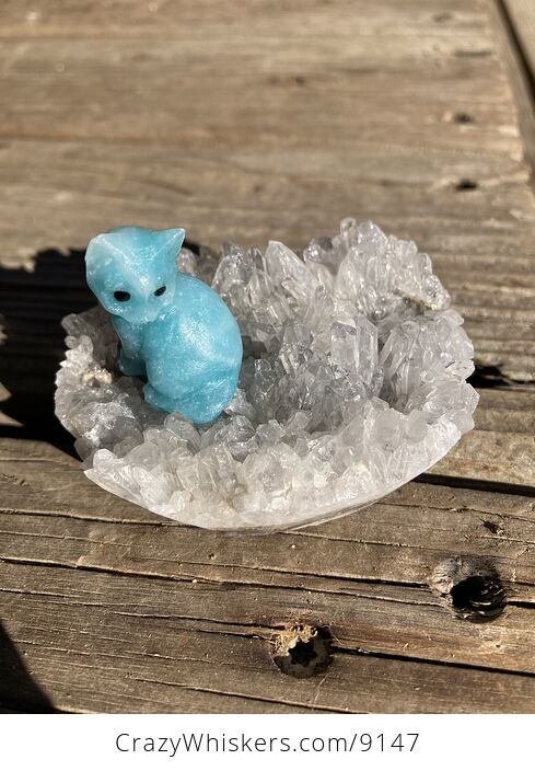 Tiny Amazonite Carved Kitty Cat Figurine and Crystal Base - #r4DXBTW9eY4-1