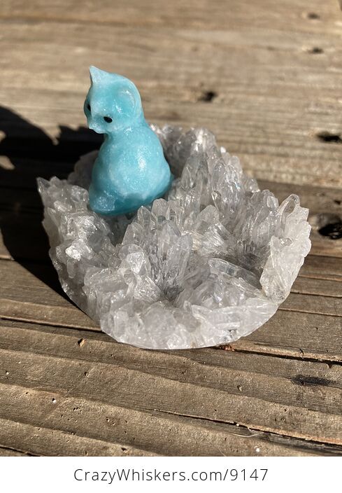 Tiny Amazonite Carved Kitty Cat Figurine and Crystal Base - #r4DXBTW9eY4-2