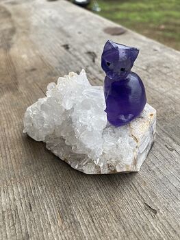 Tiny Carved Kitty Cat Purple Fluorite Figurine and Crystal Base #tfCcBxcCJbg