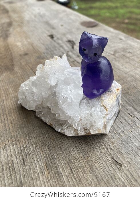 Tiny Carved Kitty Cat Purple Fluorite Figurine and Crystal Base - #tfCcBxcCJbg-1