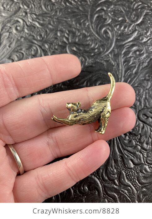 Tiny Miniature Brass Stretching Kitty Cat Feline Figurine - #sxSpbXQ1lZE-1
