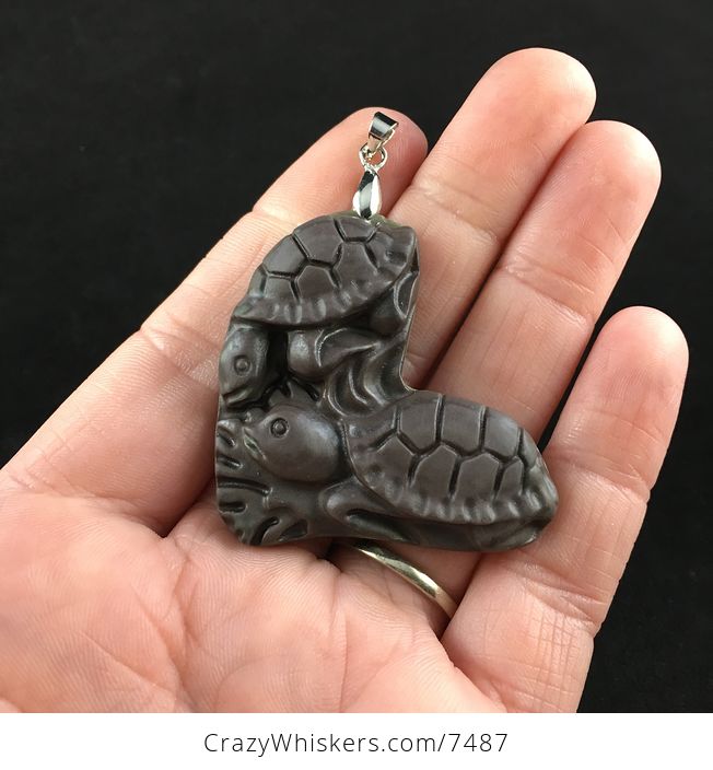 Turtle Pair Heart Carved Ribbon Jasper Stone Pendant Jewelry - #vUtu7iMU8cQ-1