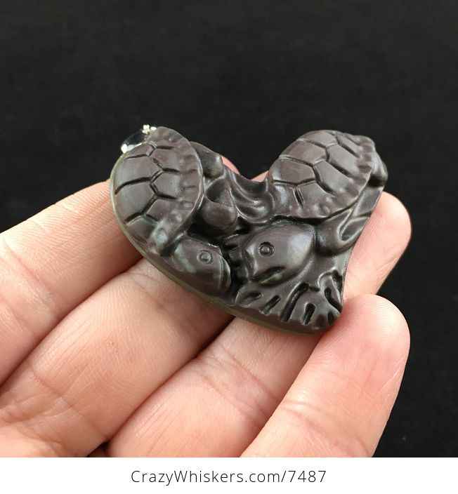 Turtle Pair Heart Carved Ribbon Jasper Stone Pendant Jewelry - #vUtu7iMU8cQ-4