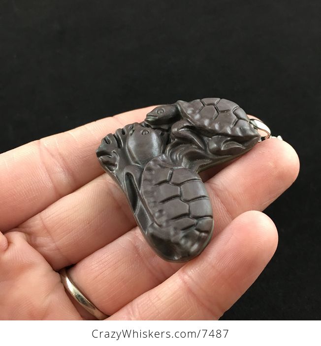 Turtle Pair Heart Carved Ribbon Jasper Stone Pendant Jewelry - #vUtu7iMU8cQ-3