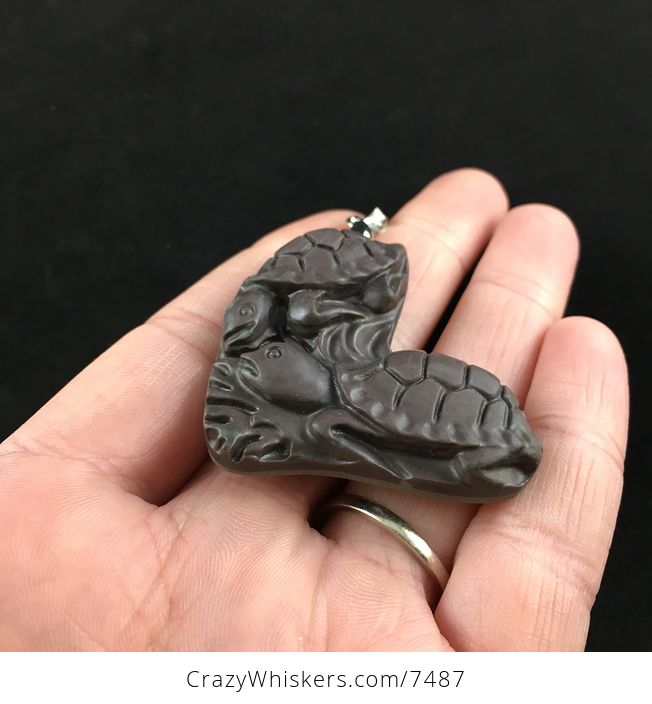 Turtle Pair Heart Carved Ribbon Jasper Stone Pendant Jewelry - #vUtu7iMU8cQ-2