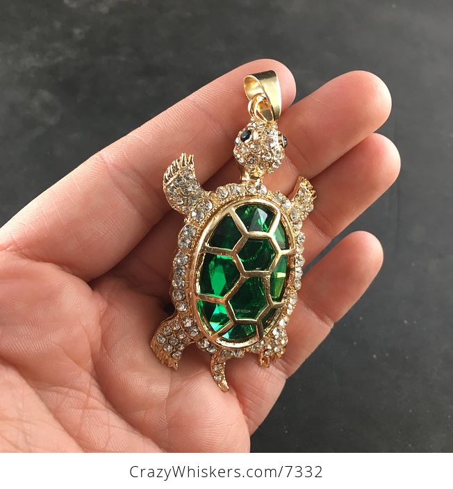 Turtle with an Encased Green Faceted Gem and Rhinestones on Gold Tone Jewelry Necklace Pendant - #A4RX8CdPj5s-3