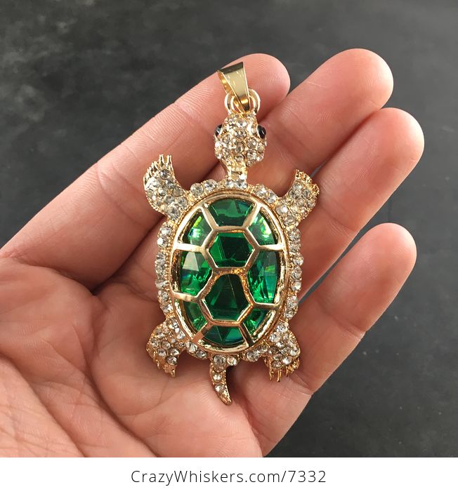 Turtle with an Encased Green Faceted Gem and Rhinestones on Gold Tone Jewelry Necklace Pendant - #A4RX8CdPj5s-2