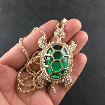 Turtle with an Encased Green Faceted Gem and Rhinestones on Gold Tone Jewelry Pendant #A4RX8CdPj5s