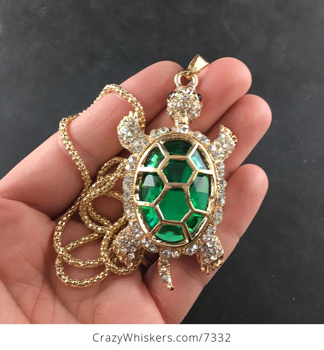 Turtle with an Encased Green Faceted Gem and Rhinestones on Gold Tone Jewelry Pendant - #A4RX8CdPj5s-1