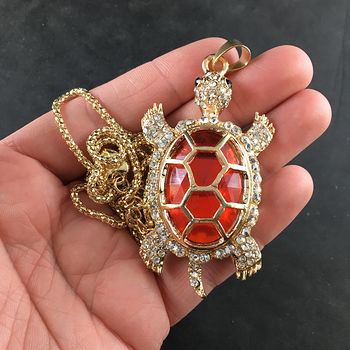 Turtle with an Encased Red Faceted Gem and Rhinestones on Gold Tone Jewelry Necklace Pendant #ZRCTzvhMIYA