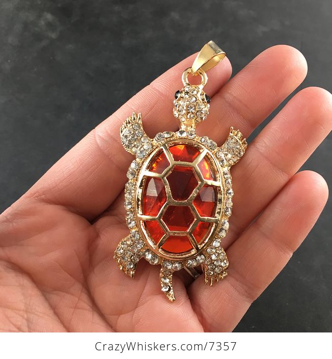 Turtle with an Encased Red Faceted Gem and Rhinestones on Gold Tone Jewelry Necklace Pendant - #ZRCTzvhMIYA-2