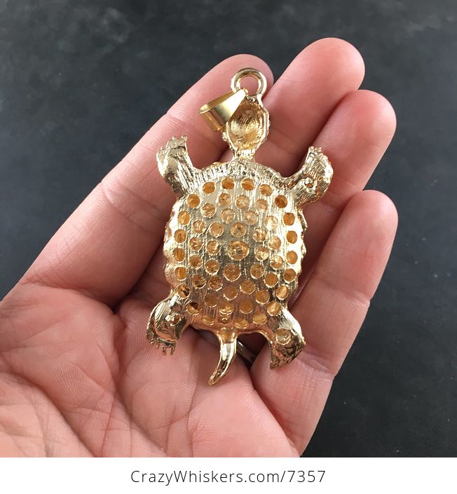 Turtle with an Encased Red Faceted Gem and Rhinestones on Gold Tone Jewelry Necklace Pendant - #ZRCTzvhMIYA-7