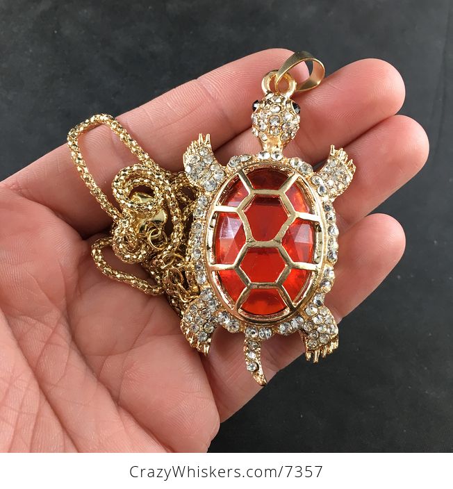 Turtle with an Encased Red Faceted Gem and Rhinestones on Gold Tone Jewelry Necklace Pendant - #ZRCTzvhMIYA-1
