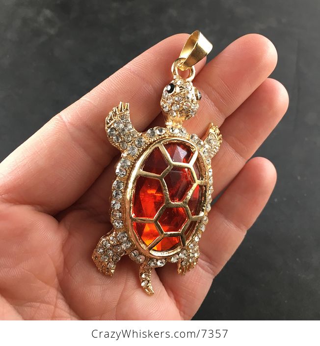 Turtle with an Encased Red Faceted Gem and Rhinestones on Gold Tone Jewelry Necklace Pendant - #ZRCTzvhMIYA-4