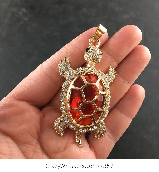 Turtle with an Encased Red Faceted Gem and Rhinestones on Gold Tone Jewelry Necklace Pendant - #ZRCTzvhMIYA-3