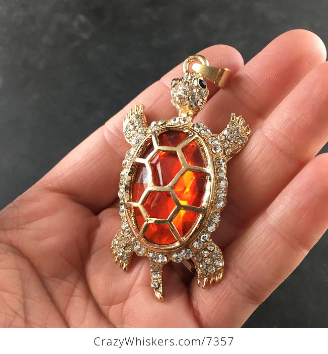 Turtle with an Encased Red Faceted Gem and Rhinestones on Gold Tone Jewelry Necklace Pendant - #ZRCTzvhMIYA-5