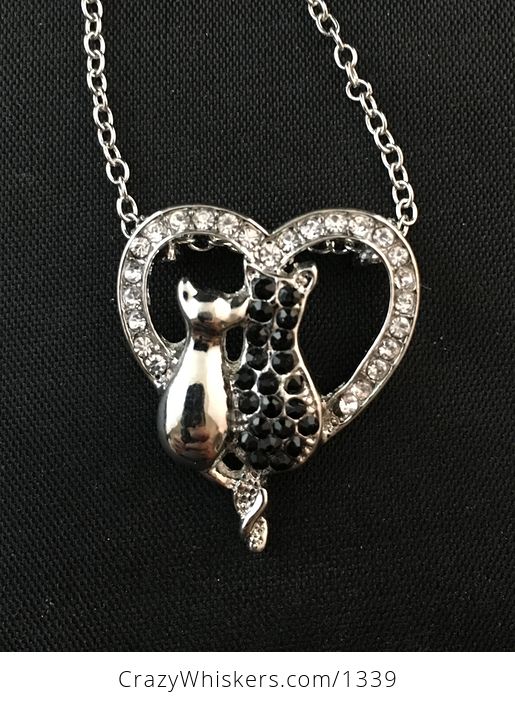 Two Cats Sitting in a Rhinestone Heart on Silver Tone Pendant - #UUECTVx2aZ4-3