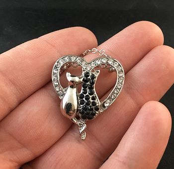 Two Cats Sitting in a Rhinestone Heart on Silver Tone Pendant Necklace #UUECTVx2aZ4