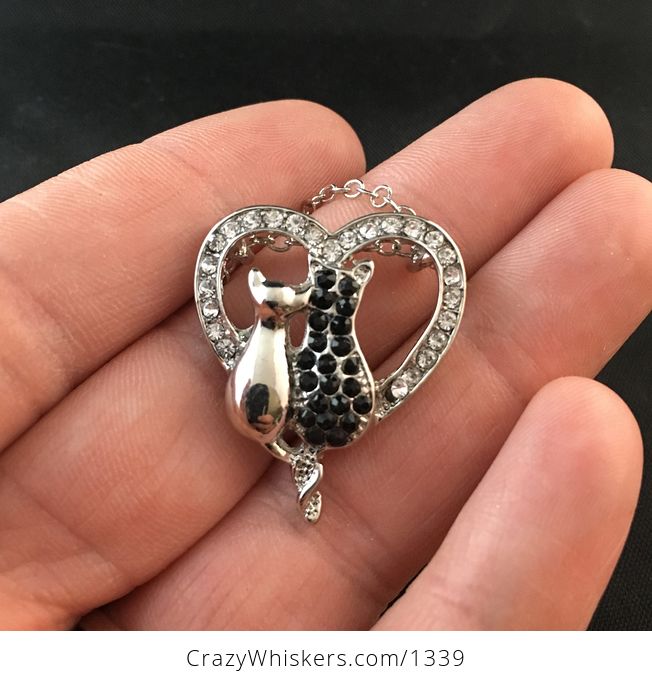 Two Cats Sitting in a Rhinestone Heart on Silver Tone Pendant Necklace - #UUECTVx2aZ4-1