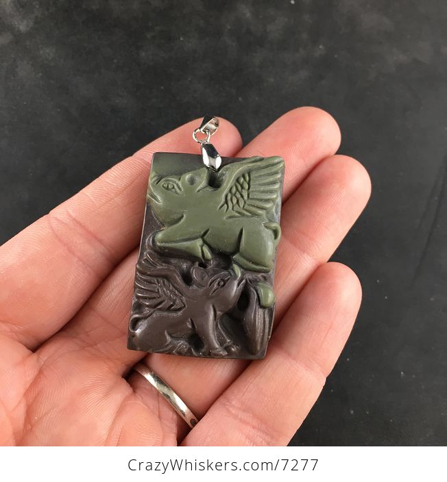 Two Winged Flying Pigs Carved Ribbon Jasper Stone Jewelry Pendant Necklace - #KlGvhQAWLOM-2