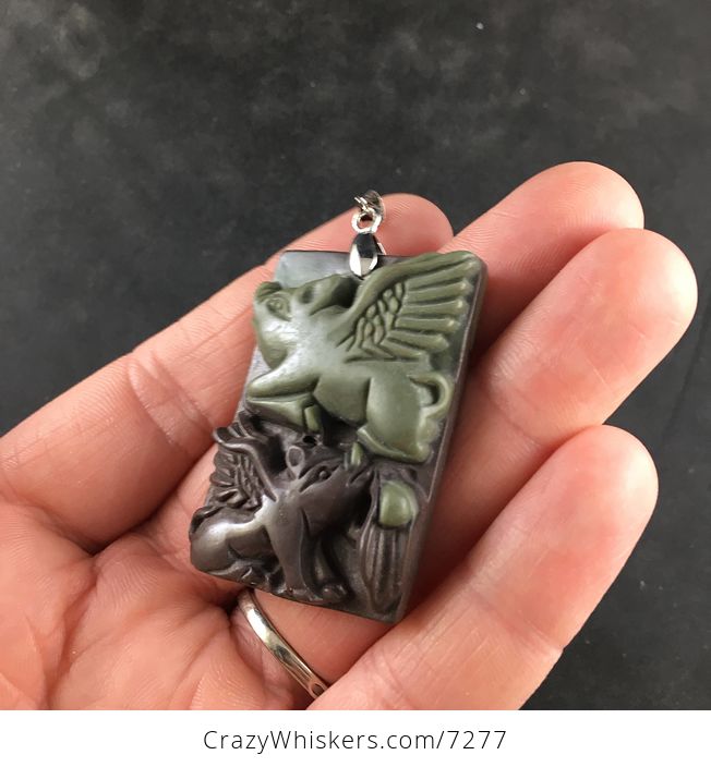 Two Winged Flying Pigs Carved Ribbon Jasper Stone Jewelry Pendant Necklace - #KlGvhQAWLOM-5
