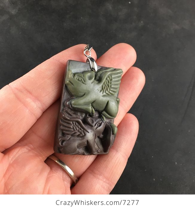 Two Winged Flying Pigs Carved Ribbon Jasper Stone Jewelry Pendant Necklace - #KlGvhQAWLOM-3