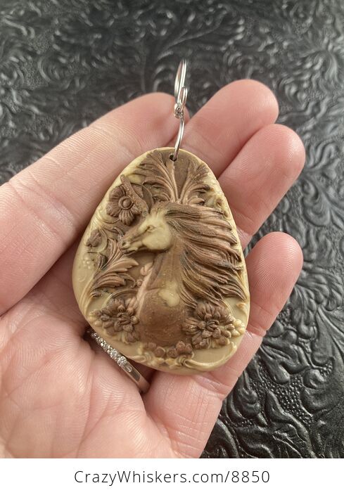 Unicorn and Flowers Carved Jasper Stone Pendant Jewelry Ornament Mini Art - #ts2c188z4sA-1
