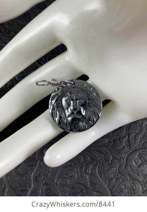 Unisex Carved Male Lion Face in Magnetic Hematite Stone Jewelry Pendant - #RfQ9KDseD6Y-6