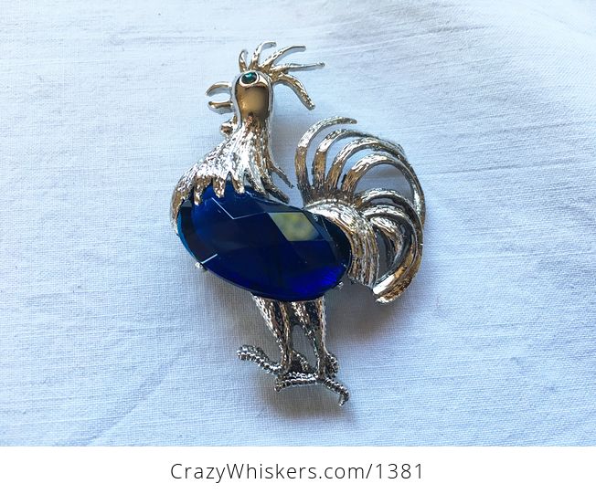 Vintage Beautiful Fancy Silver Tone and Blue Stone Rooster Brooch Pin Shipping Included in Price - #7s3EVRjlBx0-1