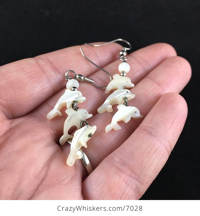Vintage Dangly Mother of Pearl Dolphin Earrings - #I7MKg6VIWxE-2