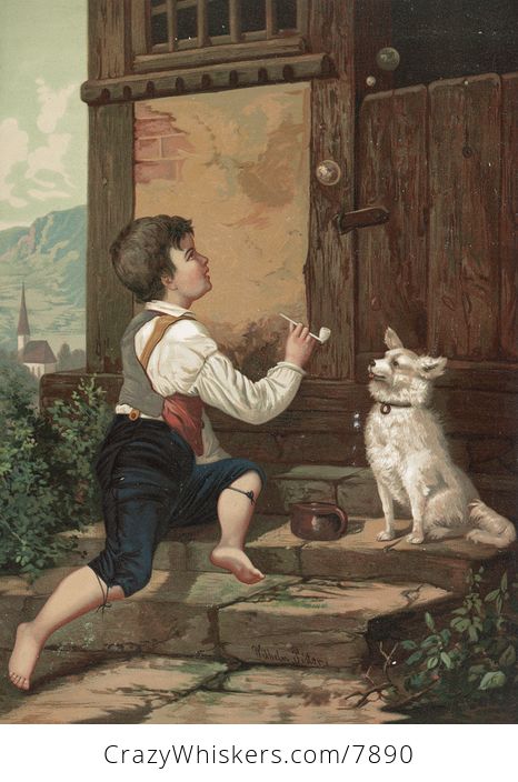 Vintage Digital Image of a Boy Blowing Bubbles by His Dog C 1873 - #MK8BWTXfZ5M-1