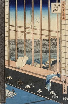Vintage Digital Image of a Cat in a Window with a View of Mount Fuji #tjpgBk9YEGQ