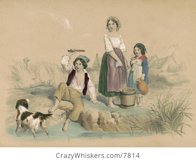 Vintage Digital Image of a Dog and Children at a Pond - #FBIH50cEZ2M-1