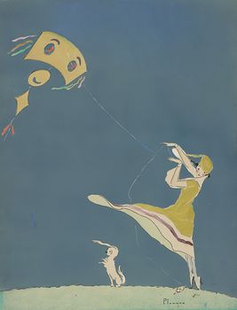 Vintage Digital Image of a Dog by a Woman Flying a Kite #1tktT8gOXlA