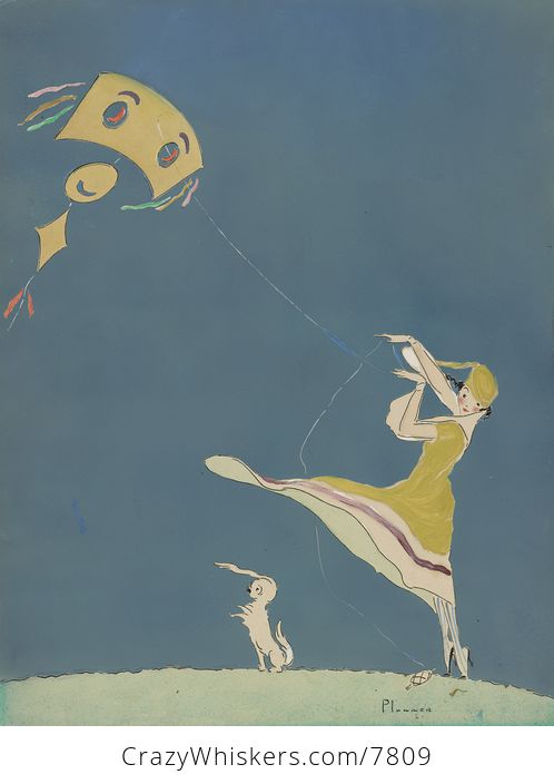 Vintage Digital Image of a Dog by a Woman Flying a Kite - #1tktT8gOXlA-1
