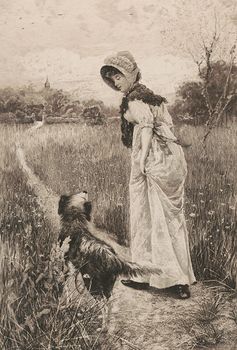 Vintage Digital Image of a Girl and Dog Walking Along a Path C 1887 #VEGOFC7E3Gc