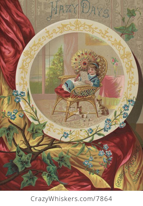 Vintage Digital Image of a Girl Relaxing in a Chair Surrounded by a Cat and Kittens - #ivlT8ebBF4s-1