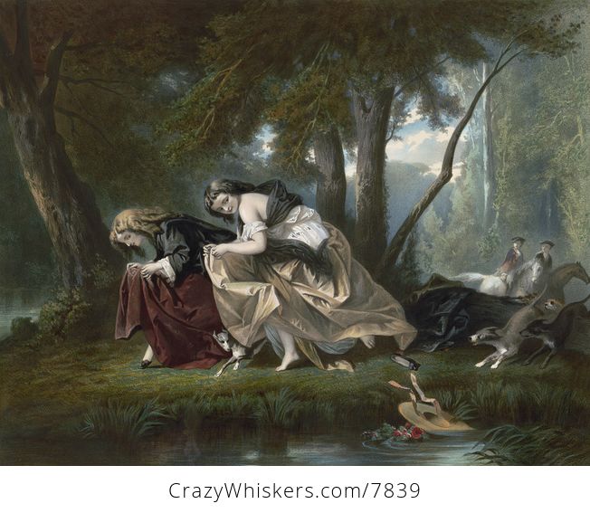 Vintage Digital Image of a Hunting Party and Dog Scaring Ladies in the Woods - #LOS76SBXIbw-1