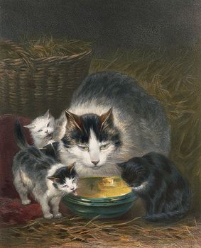 Vintage Digital Image of a Mother Cat and Kittens #U4bSCoSH4fc