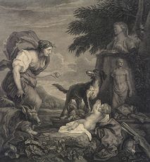 Vintage Digital Image of a Woman with a Dog Goats and Baby C 1765 #2fLZCrUYPJc