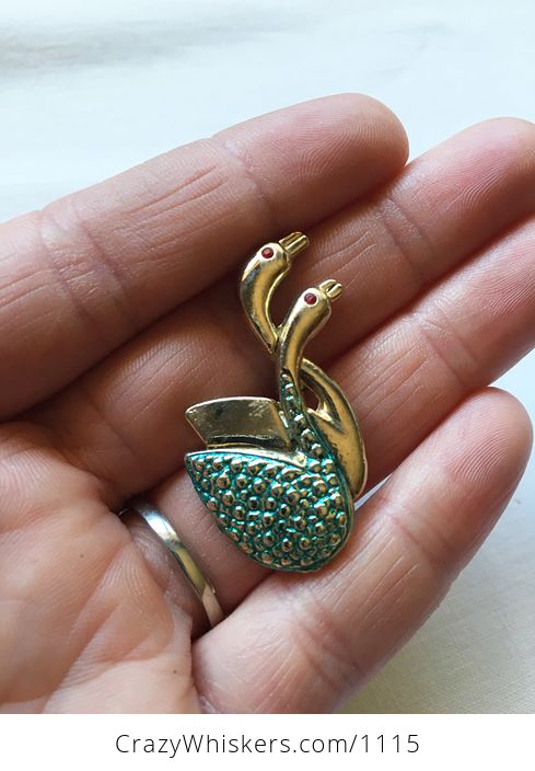 Vintage Gold Toned and Green Textured Swan Pair Pin with Red Eyes - #Or60jRzVo6I-1