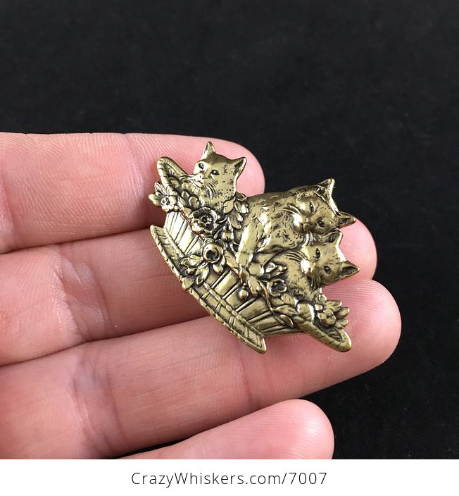 Vintage Gold Toned Cats in a Basket with Roses Jewelry Pin Brooch - #OY93PJEHouA-2