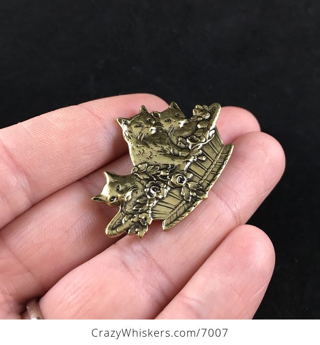 Vintage Gold Toned Cats in a Basket with Roses Jewelry Pin Brooch - #OY93PJEHouA-3