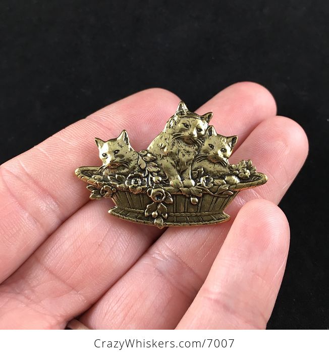 Vintage Gold Toned Cats in a Basket with Roses Jewelry Pin Brooch - #OY93PJEHouA-1
