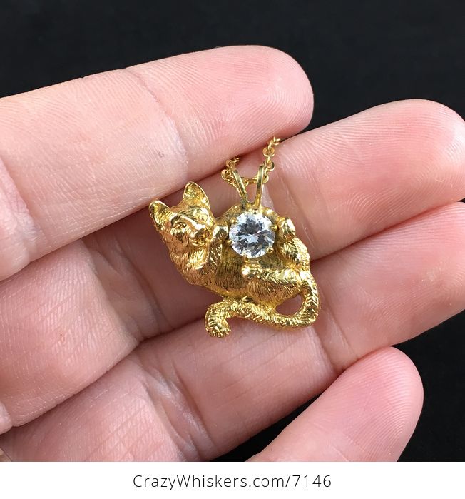 Vintage Lind Kitty Cat and Rhinestone Necklace Jewelry - #1KIGGdYBovI-1