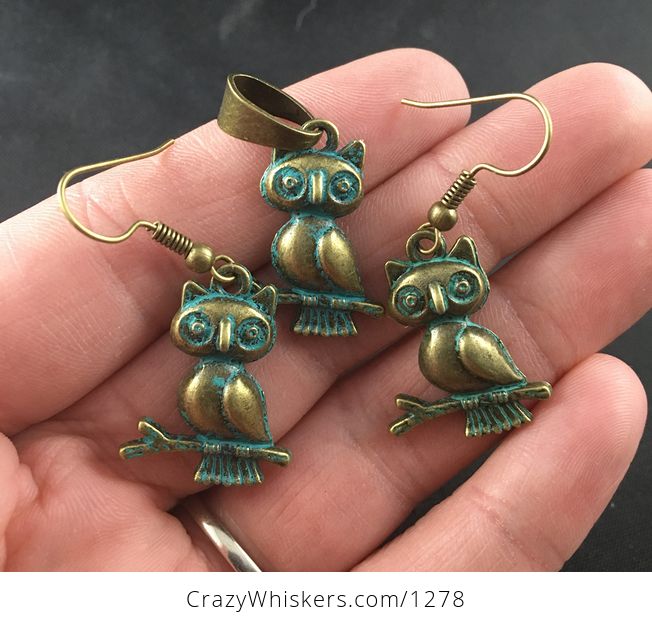 Vintage Patina Bronze Toned Perched Owl Pendant and Earring Jewelry Set - #tqdnas3VjHE-1